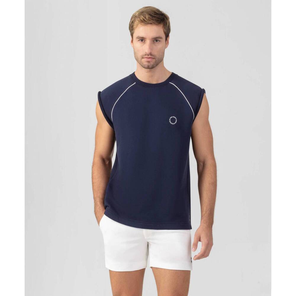 NEW RON DORFF organic cotton sleeveless sweatshirt with piping in deep ocean